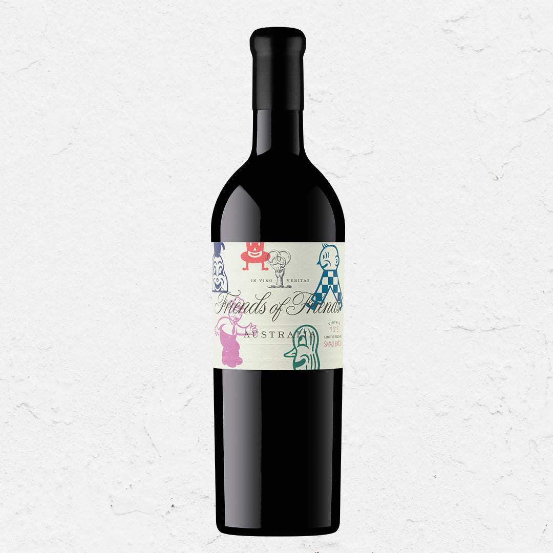 A bottle of 2019 Friends of Friends Shiraz Cabernet wine with a label that includes illustrations and text by renowned artist Gary Taxali. This fine wine is suitable for cellaring.