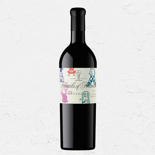 A bottle of 2019 Friends of Friends Shiraz Cabernet wine with a label that includes illustrations and text by renowned artist Gary Taxali. This fine wine is suitable for cellaring.